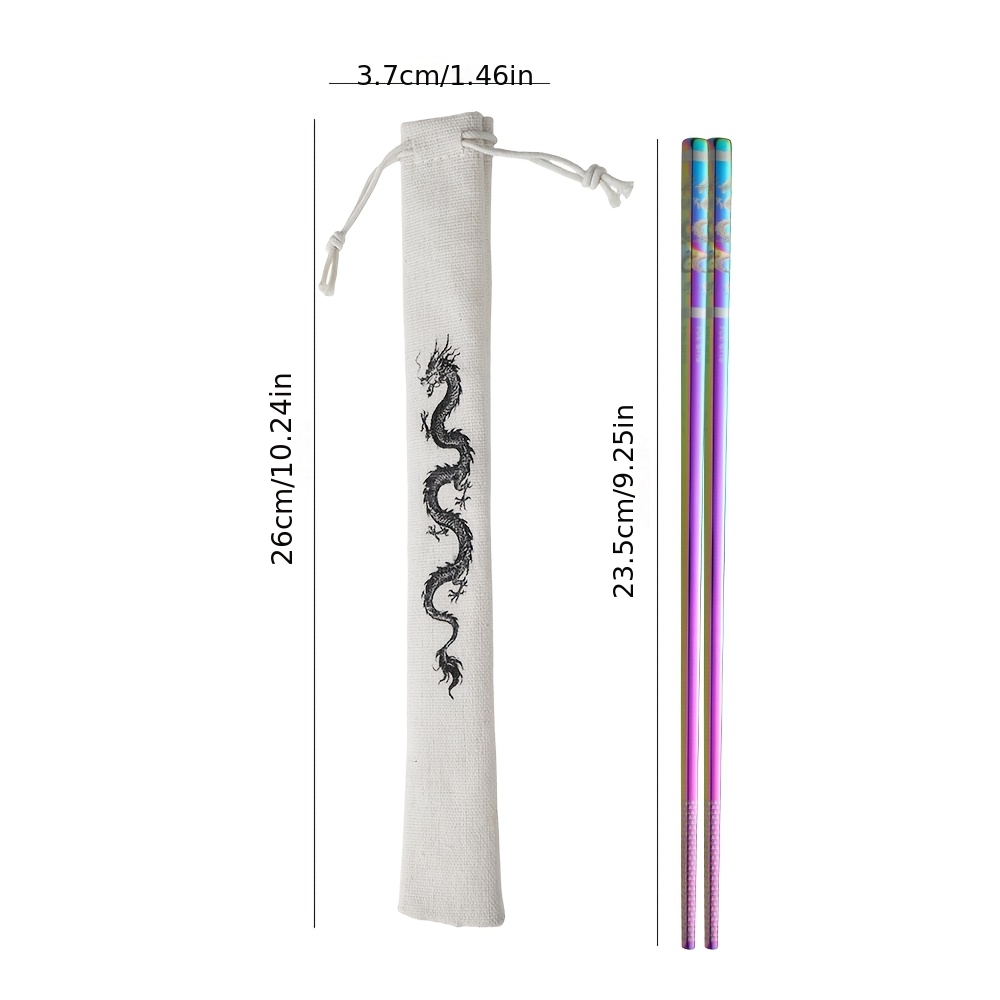TEMU Chillion A Set Of 304 Stainless Steel Chopsticks With Dragon Patterns And A Dragon-patterned Drawstring Bag, Which Reused, Anti-slip, Dishwasher