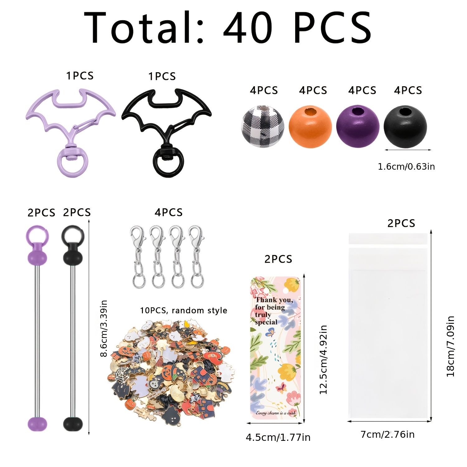 TEMU 40pcs Creative Bat-shaped Keyrings, Beads, Solid Color Beads, Lobster Clasps, Beaded Sticks, Random Style Pendants, Card Papers, Bags - Diy Bead