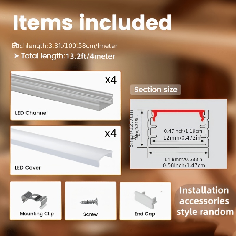 TEMU Set da 4 pezzi di a LED da 3.3ft, illuminazione a incasso con diffusore, binari in alluminio, accessori di montaggio, di illuminazione a barra