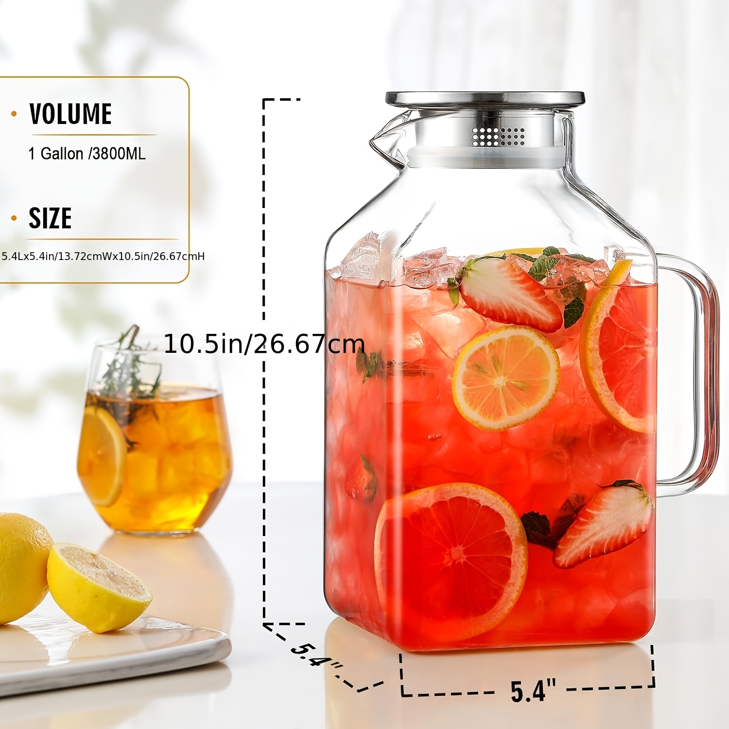 TEMU 1 Gallon Square Glass Pitcher With Lid And Spout, Borosilicate Glass Carafe For Hot/cold Drink, Water Pitchers With Handle For Fridge, Extra