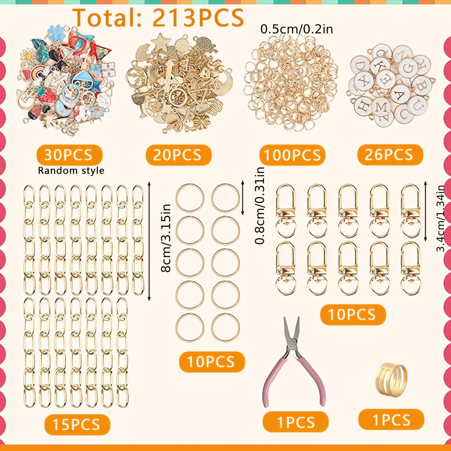 E-shop 2D Flat - 213-teiliges kreatives flaches Ring-Türschnalle-Geschenkset mit Kette, inklusive Anhänger, Kette, Ring, Zange, Schlüsselring,