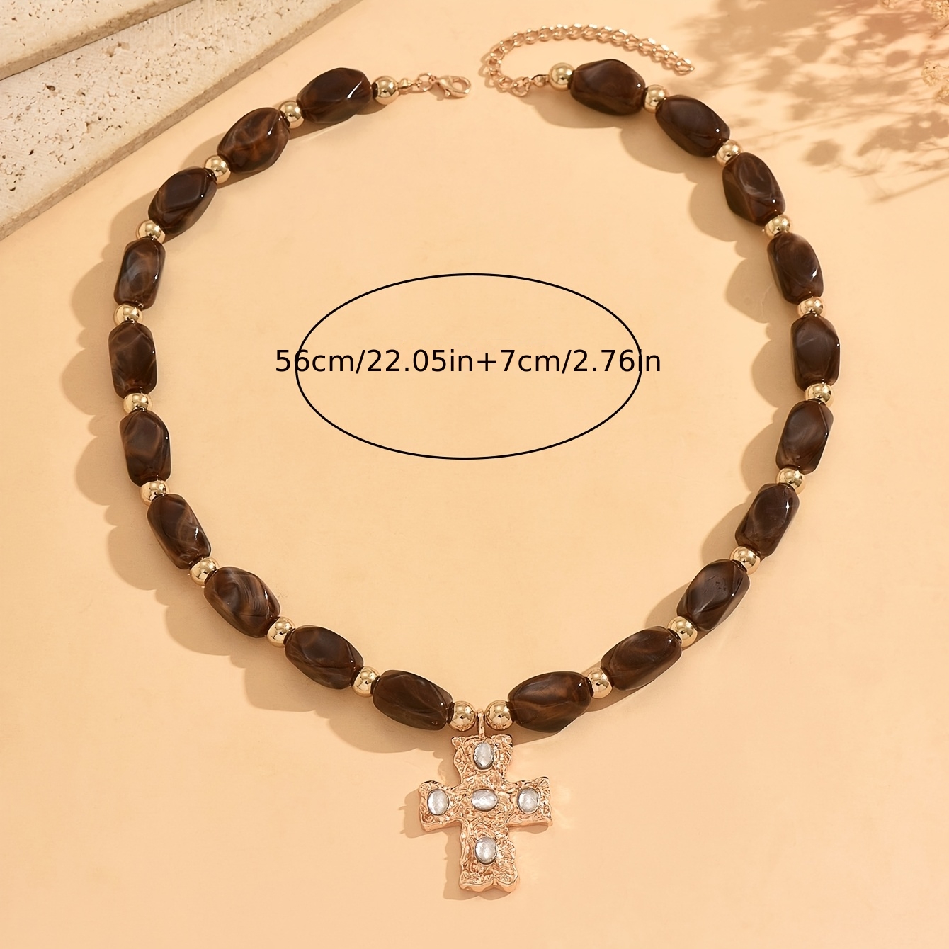 Vintage Casual Necklace with Irregular Brown Beads and Cross Pendant
