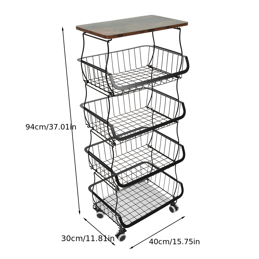 5-tier Storage Rack With Wheels, 94×40×30cm, Black Metal With Brown Wooden Top Cover, Universal Storage For Bathroom, Kitchen, And Balcony, Modern