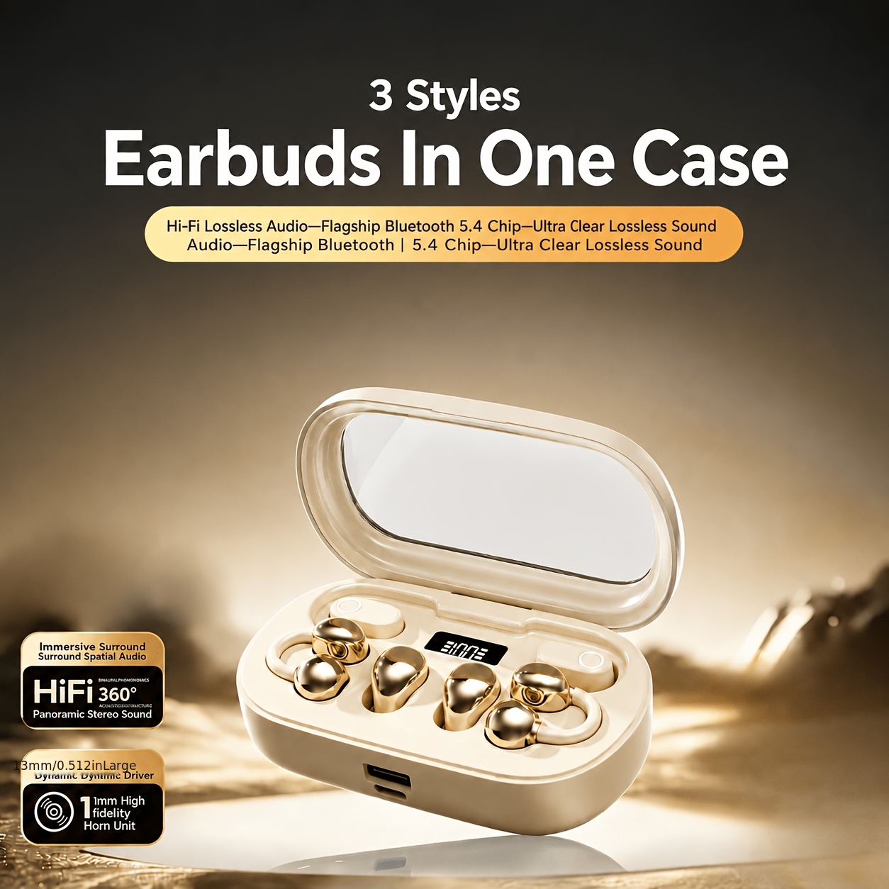 3 in 1 wireless wireless v6 0 earbuds 3 styles in ear ear clip sleep headphones with 13mm hi fi   audio lcd   display ultra low latency gaming earphones 24h long   compatible with ios   windows