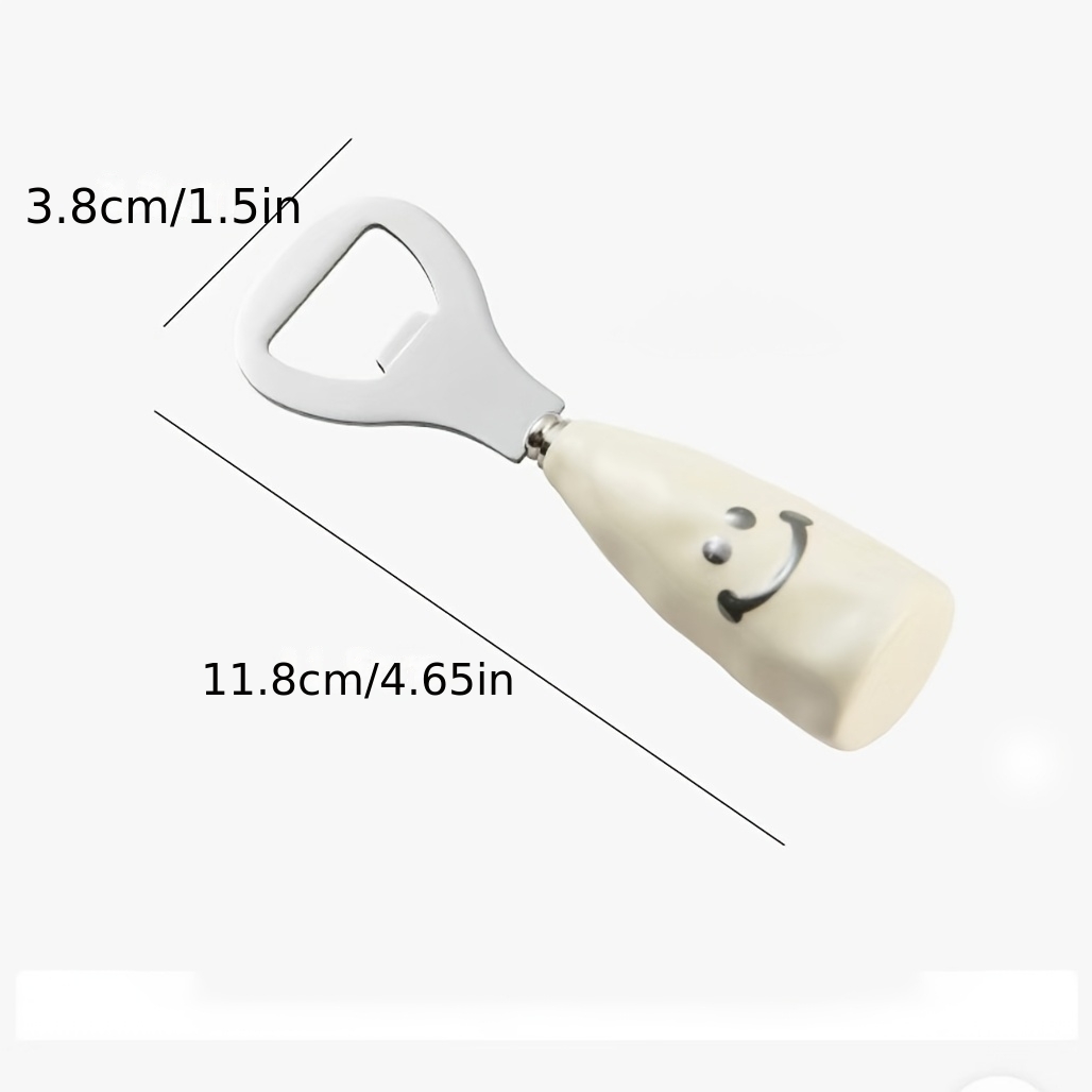 Abrebotellas de cerveza con cara sonriente, mango de plástico con imitación de mango de cerámica, abrebotellas con soporte, abrebotellas creativo de acero inoxidable