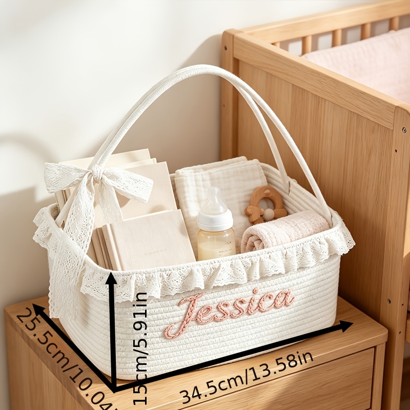 Custom Name Storage Basket with Lace Trim, Handheld Organizer