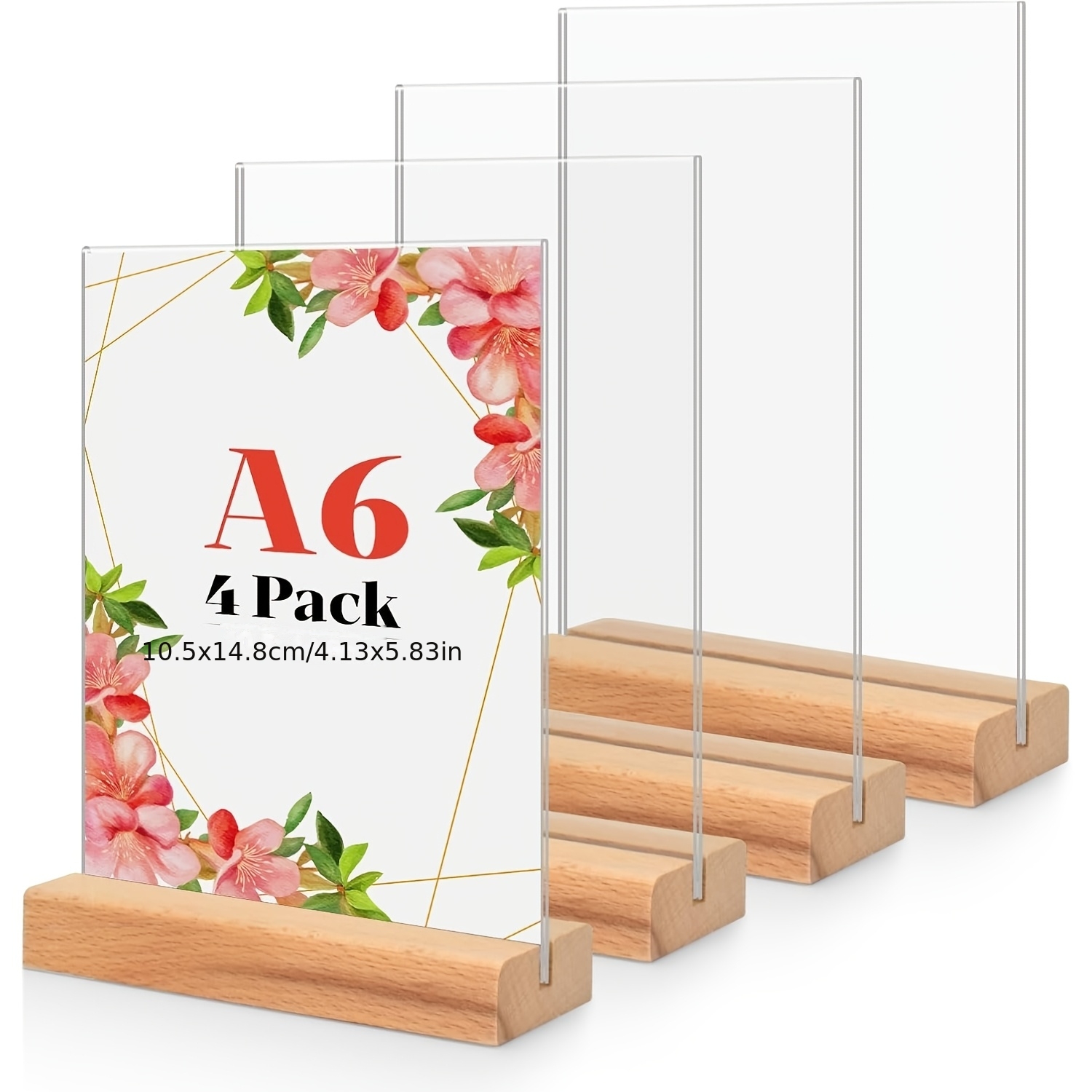 Image of 4 A6 Table Stands, Wooden T-shaped Acrylic Stands, Tags, Brochure Table Stands, Menu Cards, Advertisements, Photo Frames, Plastic Photo Frames With Wooden Bases, Suitable For Home, Office, Shops