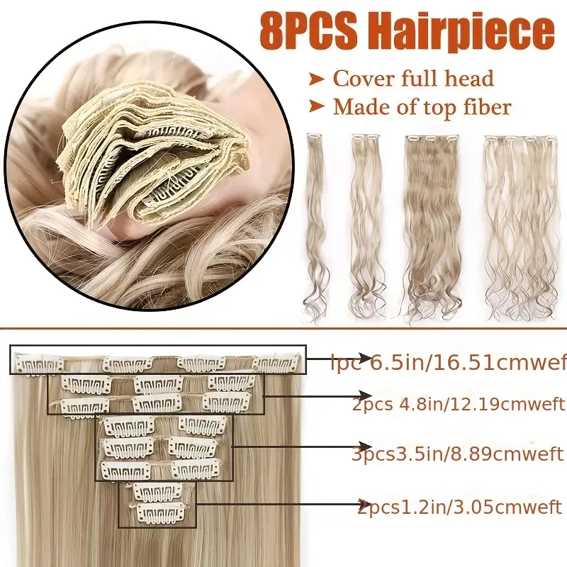 8pcs long clip-in hair extensions - waves, light to dark brown gradient, synthetic fiber hairpiece with clips for women - wedding, party, everyday volume & length - adds instant length & body details 4