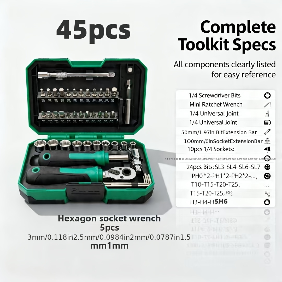 TEMU 45pcs Universal Socket And Ratchet Wrench Tool Kit, Portable Auto Repair Tool Set For Car Bike Motorcycle Maintenance