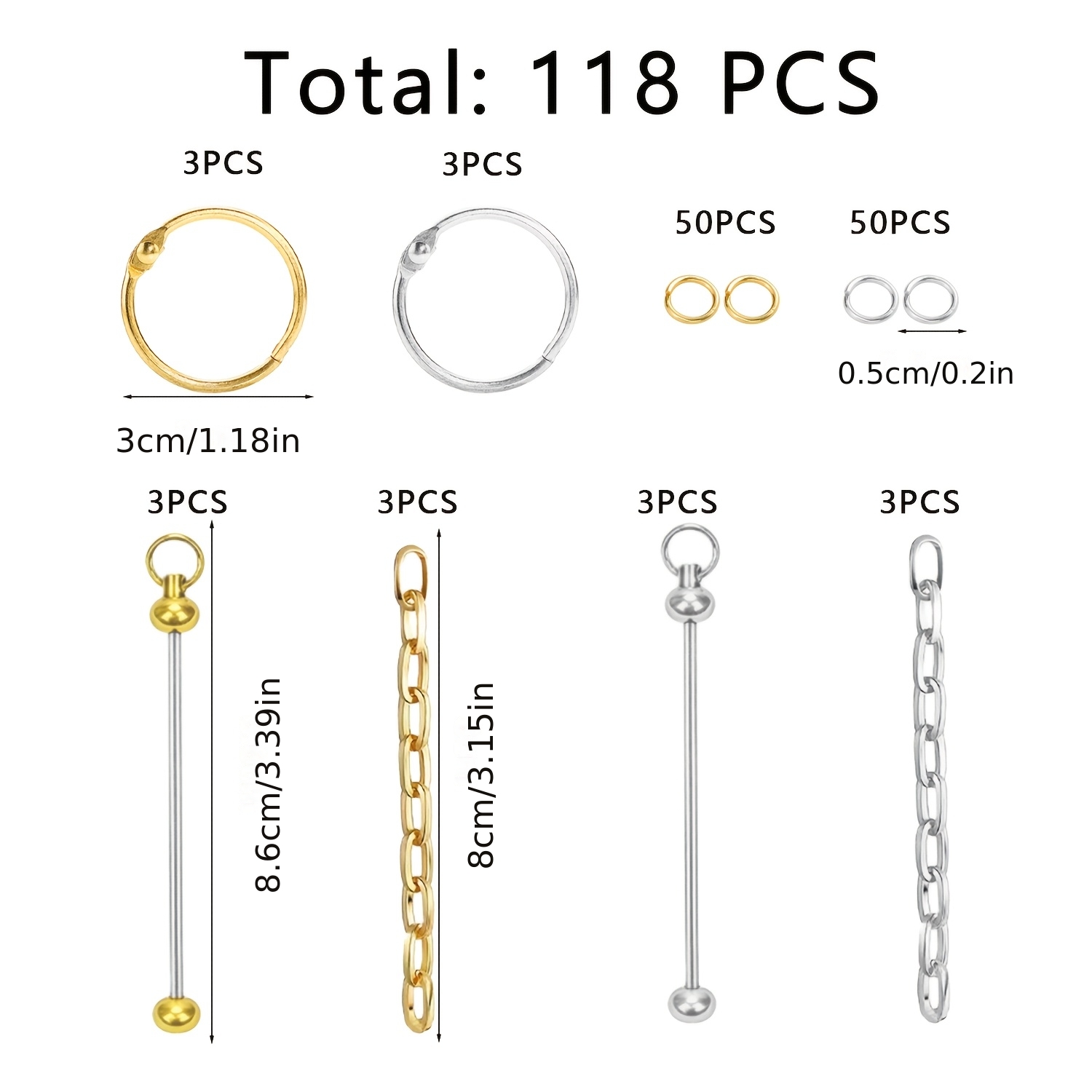 TEMU 118pcs Anneaux Créatifs, Bâtonnets de Perles, Chaînes, Petit Ensemble de Petits Anneaux. Peut Être Utilisé avec des Perles Comme Pendentifs.