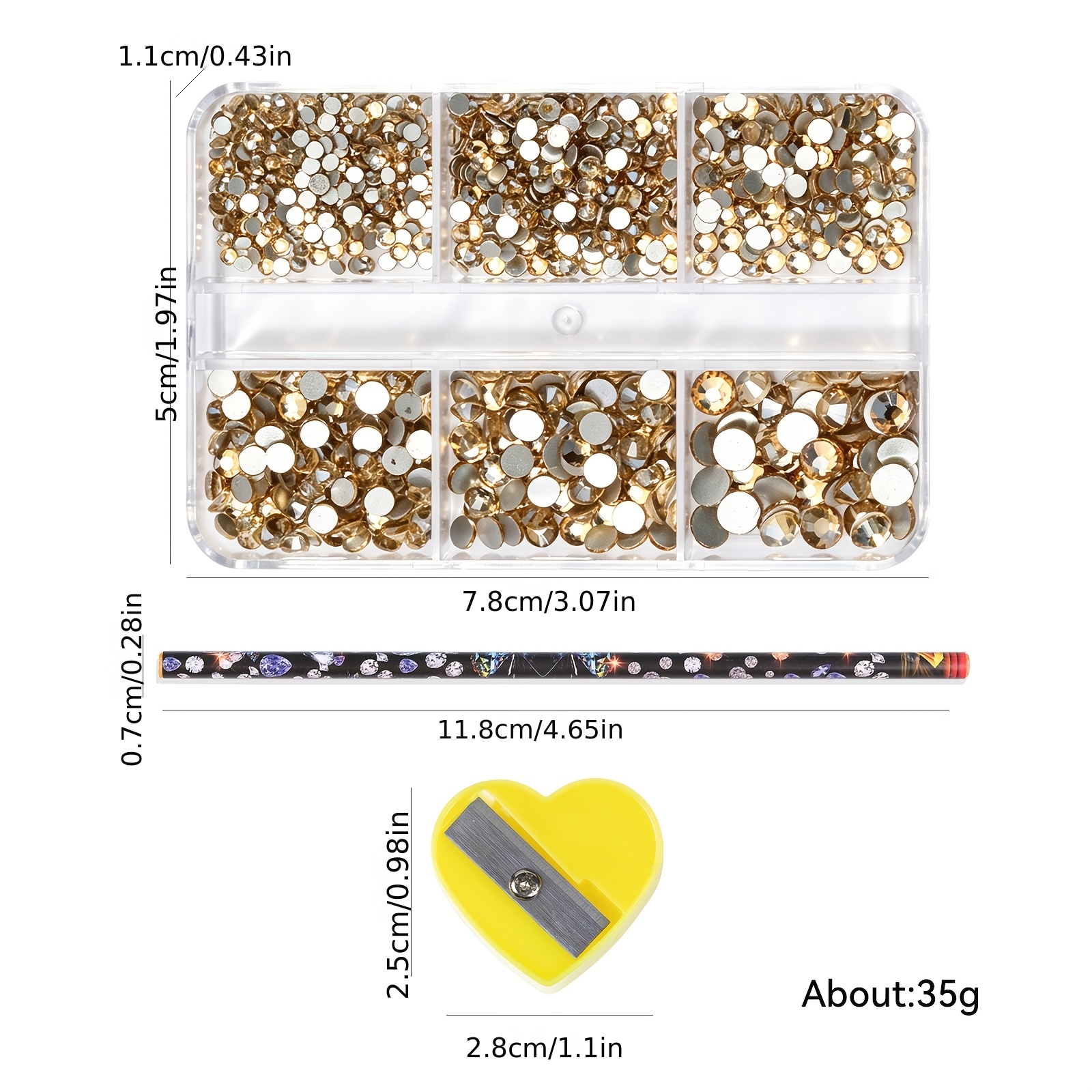 TEMU 6 Grids Champagne Golden Flat Back Nail Rhinestone Set With Wax Pick Up & Sharpener Suitable For Nail Art Diy, Round Rhinestones For - Manicure,
