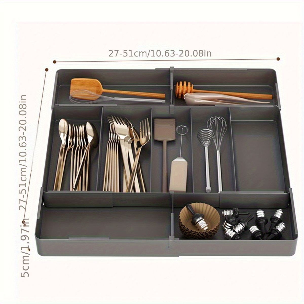 Image of Black Expandable Kitchen Utensil Drawer Organizer, 9 Compartment Large Cutlery Storage Tray For Plastic And Forks Black 10.6 Inches - 20 Inches (. 27cm - 51cm) L/w
