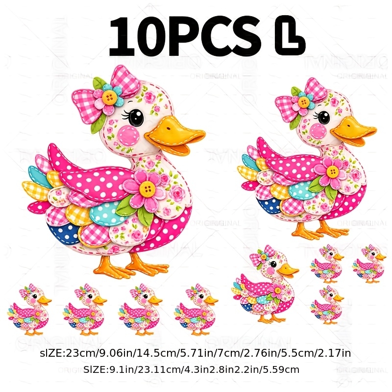TEMU 10pcs Cute Duck 2d Flat Dtf Transfer, Floral Polka Dot Bow Instant, Sweet Animal Iron-on Patches, Heat Transfer Dtf Iron-on Decals, Large And