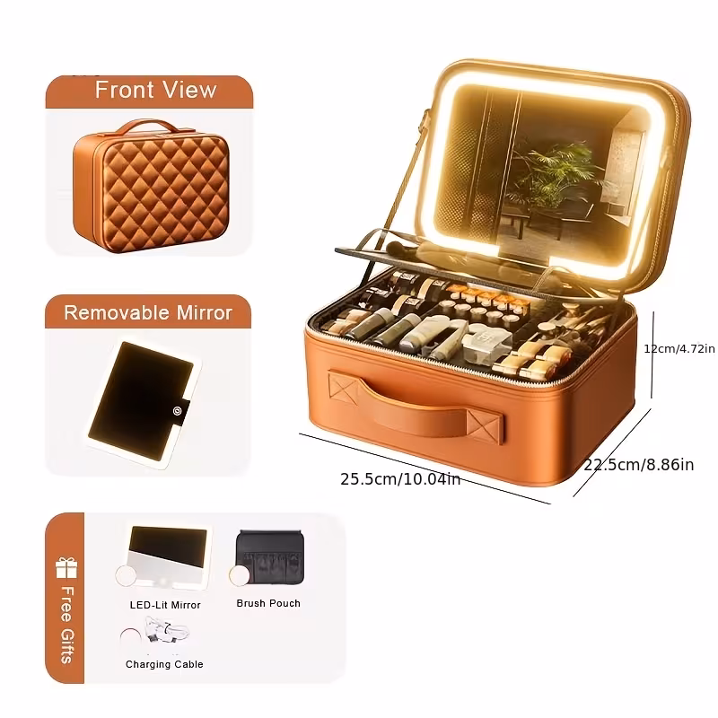 Portable Cosmetic Bag for Women with Mirror and Removable Organizer
