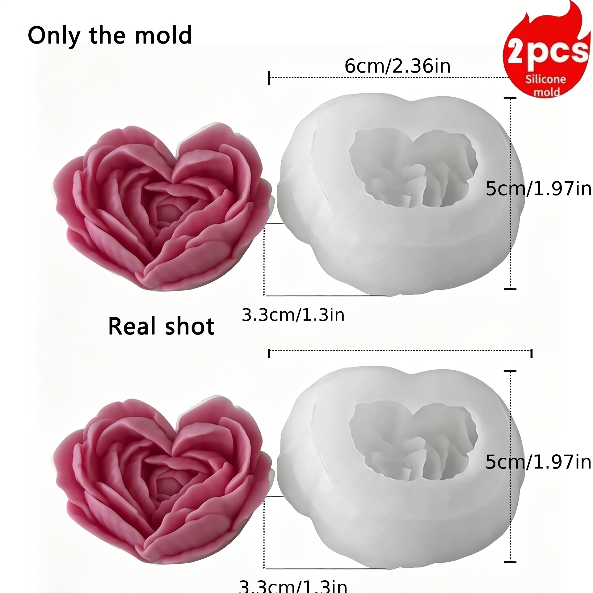 TEMU Lot de 2 moules en cœur et rose pour bricolage, moule réutilisable antiadhésif et démoulable à plusieurs cavités de fleur pour la fabrication de