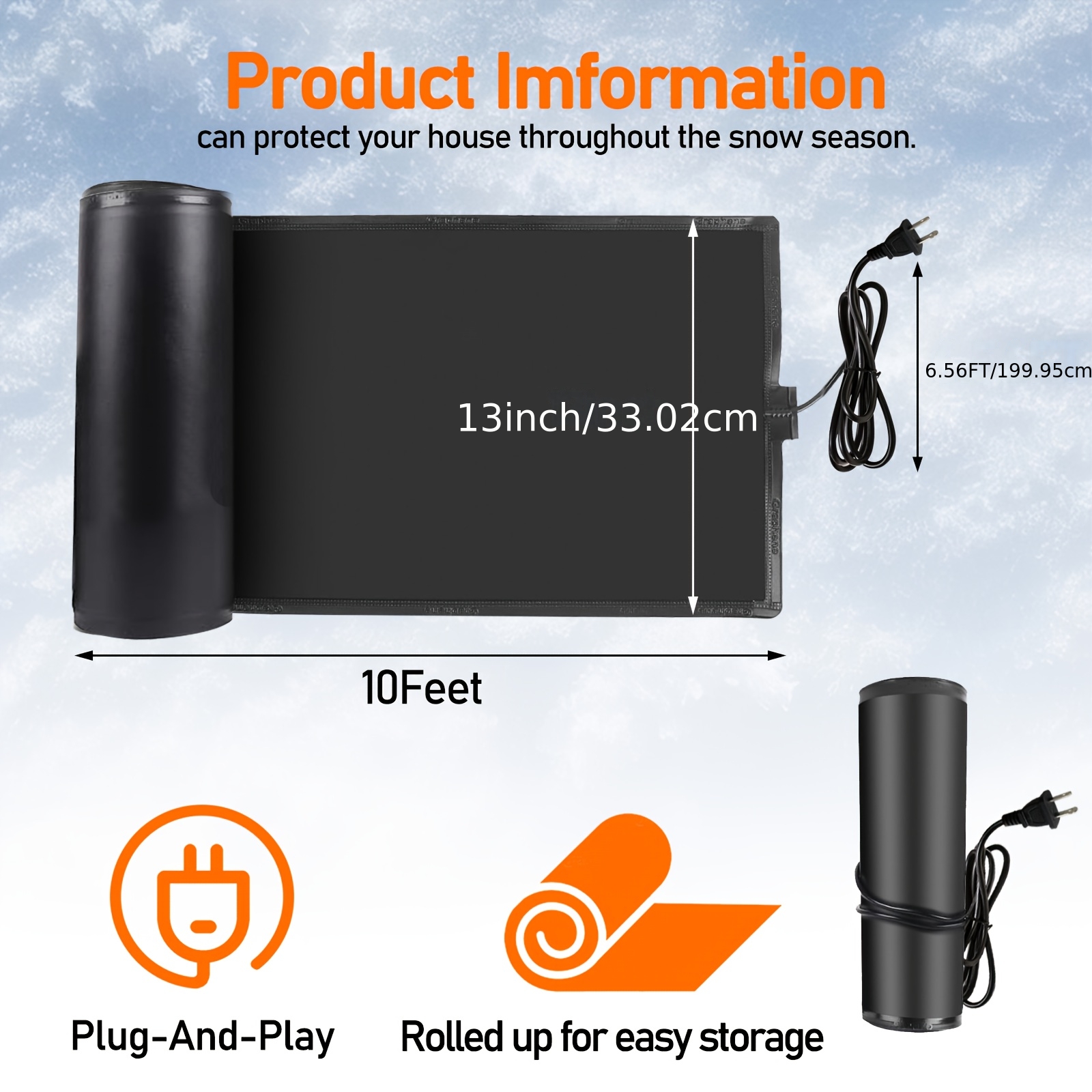 Temu – TEMU Snow Melting Mats, Snow And Ice Melting Mats, 10ft Roof Heat Tape, Heater Ice Dam Prevention Heated Outdoor Mats Electric Snow Melting Mats For