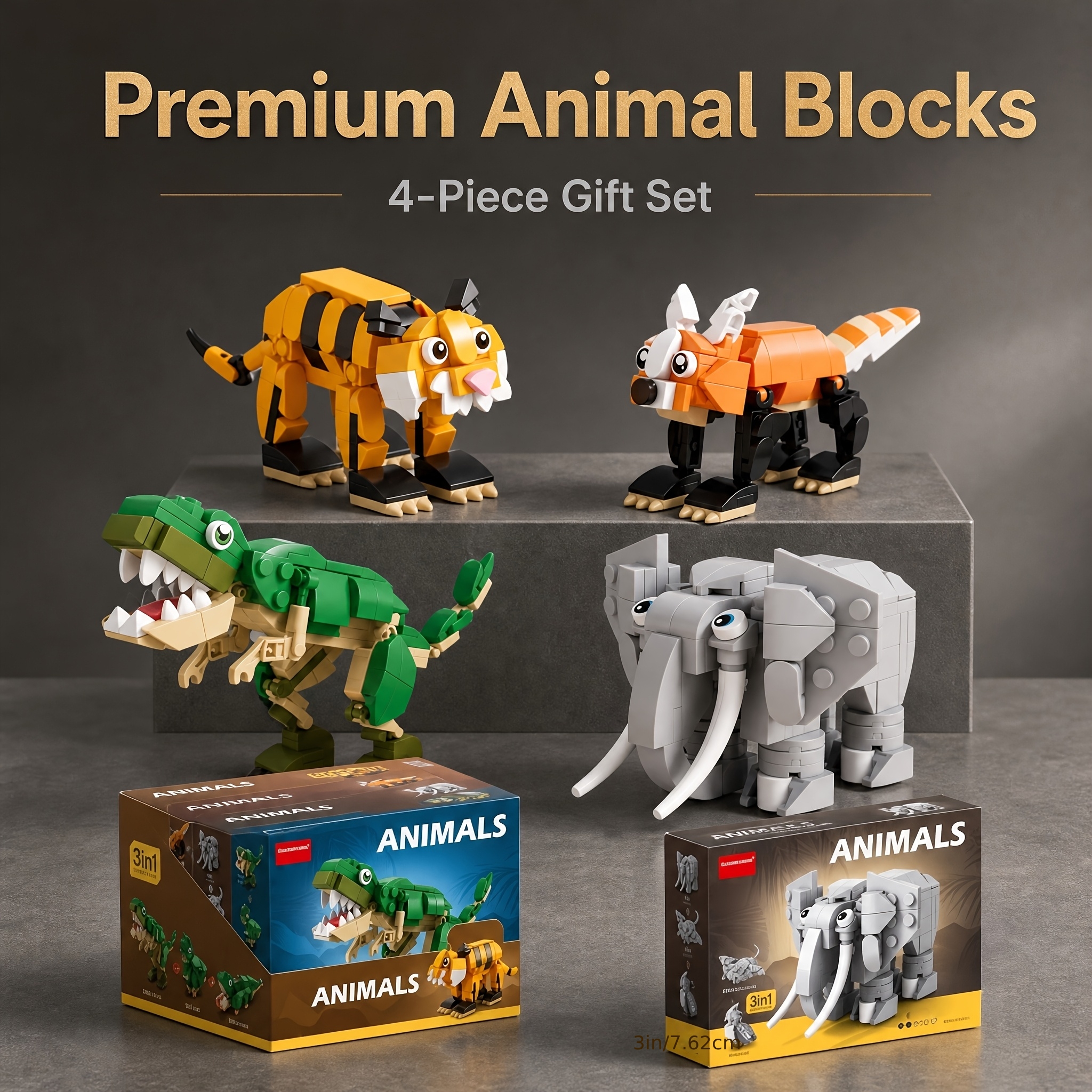 TEMU Ensemble de 4 de construction d'animaux terrestres transformables, emballés individuellement, chaque modèle se en 3 différentes, premium pour