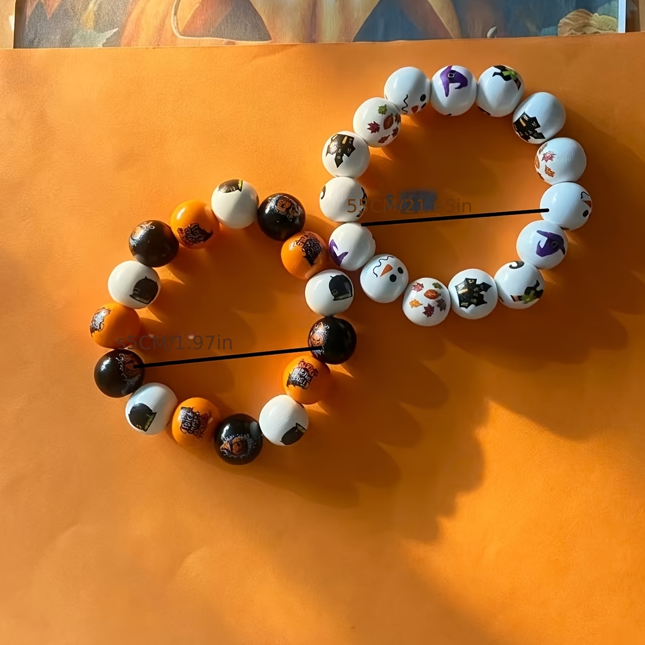 Halloween Wooden Bead Stretch Bracelet with Witch Hat & Pumpkin