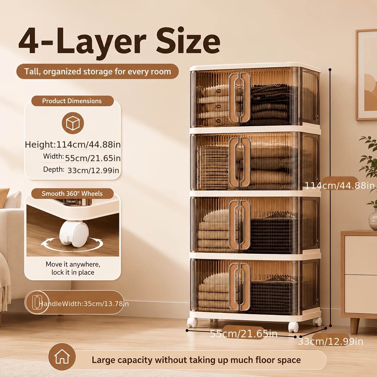 Image of 2/3/4/5-layer Stackable Storage Cabinet, Transparent Vertical Stripe Sliding Door, Large Capacity Clothing And Towel Organizer, With Casters, Suitable For Bedroom, Bathroom, Living Room, Laundry Room