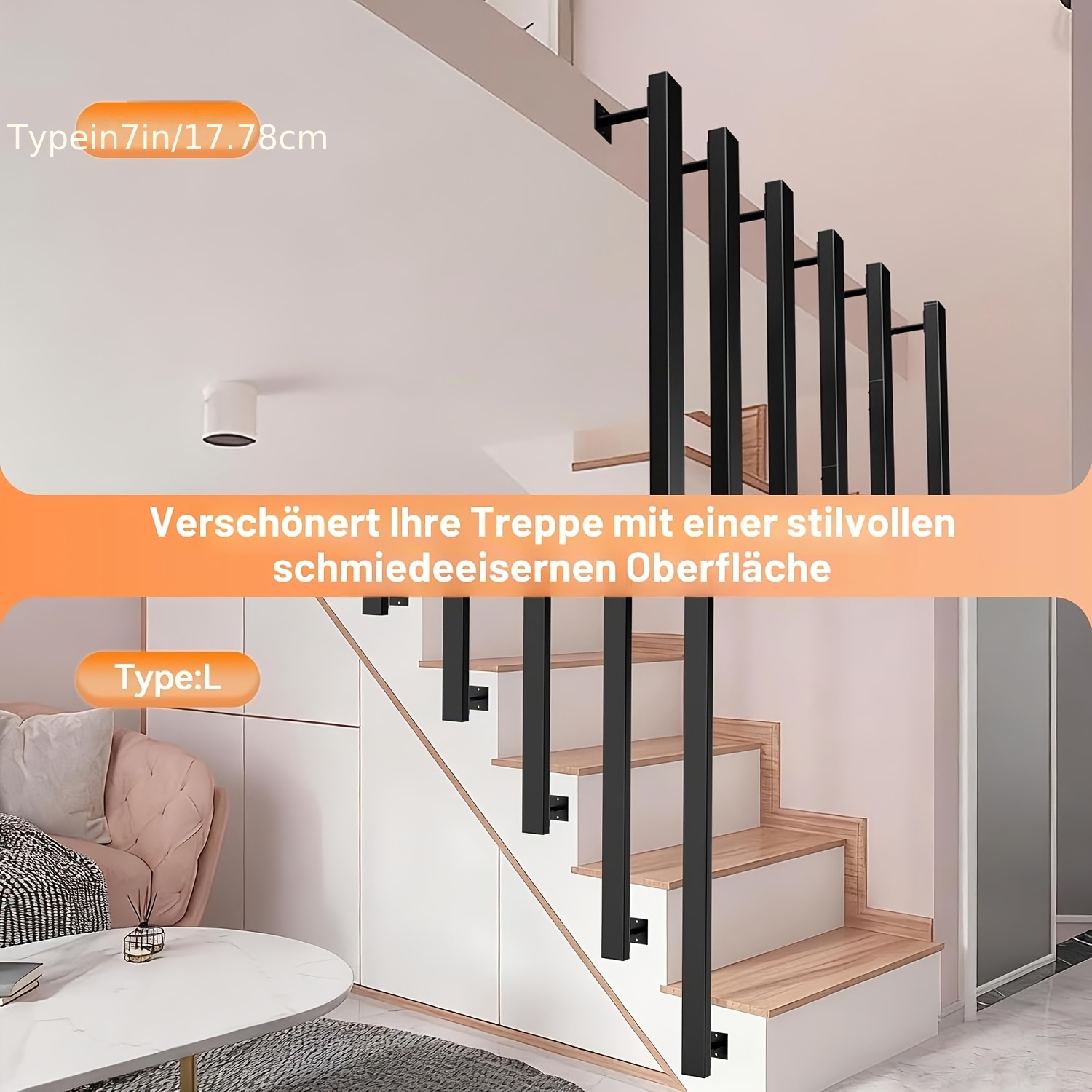 Vidaus laiptų turėklas, juodas laiptų turėklas, L formos metalinis laiptų turėklas, matinis laiptų turėklų stulpas, laiptų apsauga, laiptų balustrada, turėklas loftams ir koridoriams