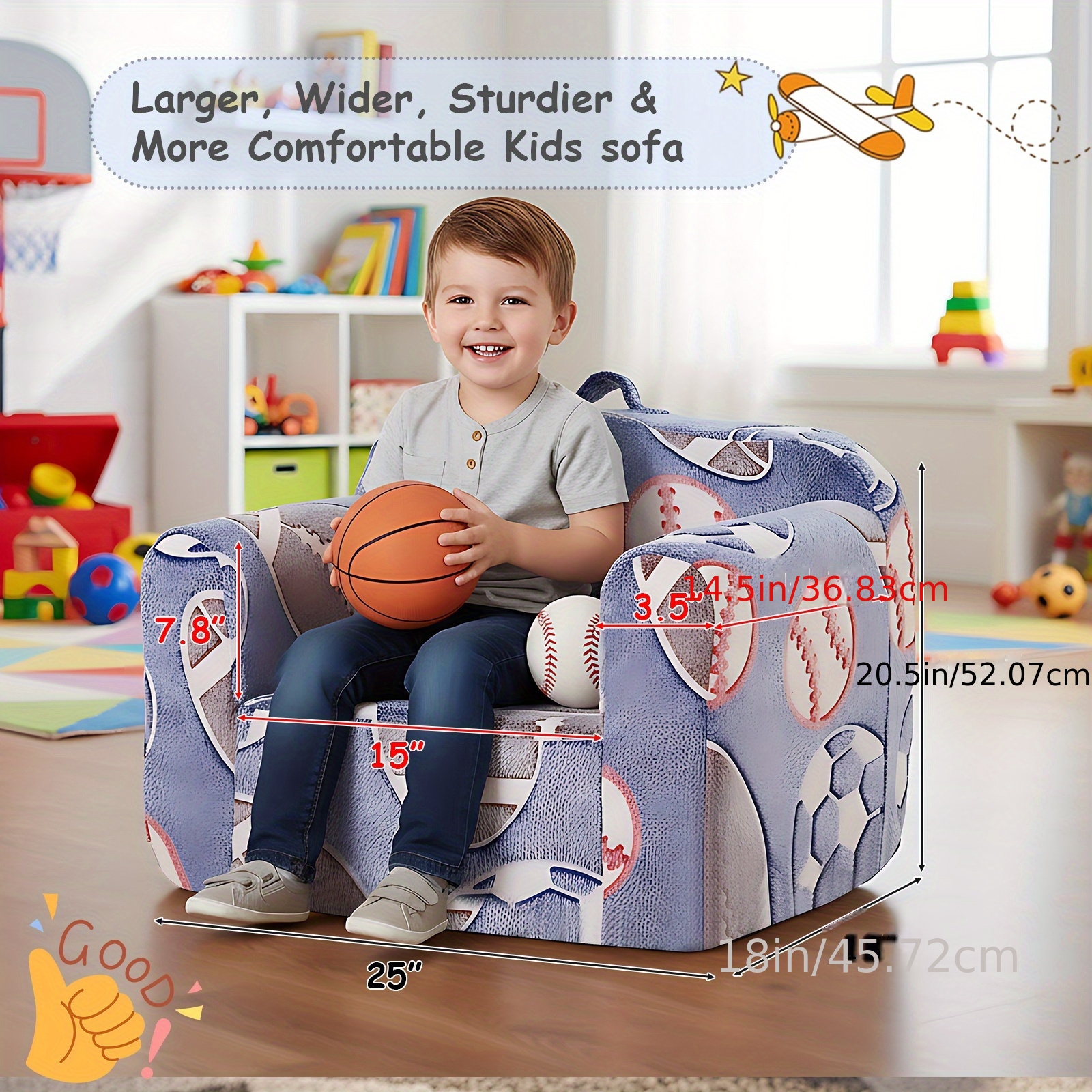 Welnow Sofa, Couch for Kids with Carry Handle And Side Pockets, Foam Chair for Toddlers, Armrest Chair for Kids, Reading Sofa for Boys Or Girls
