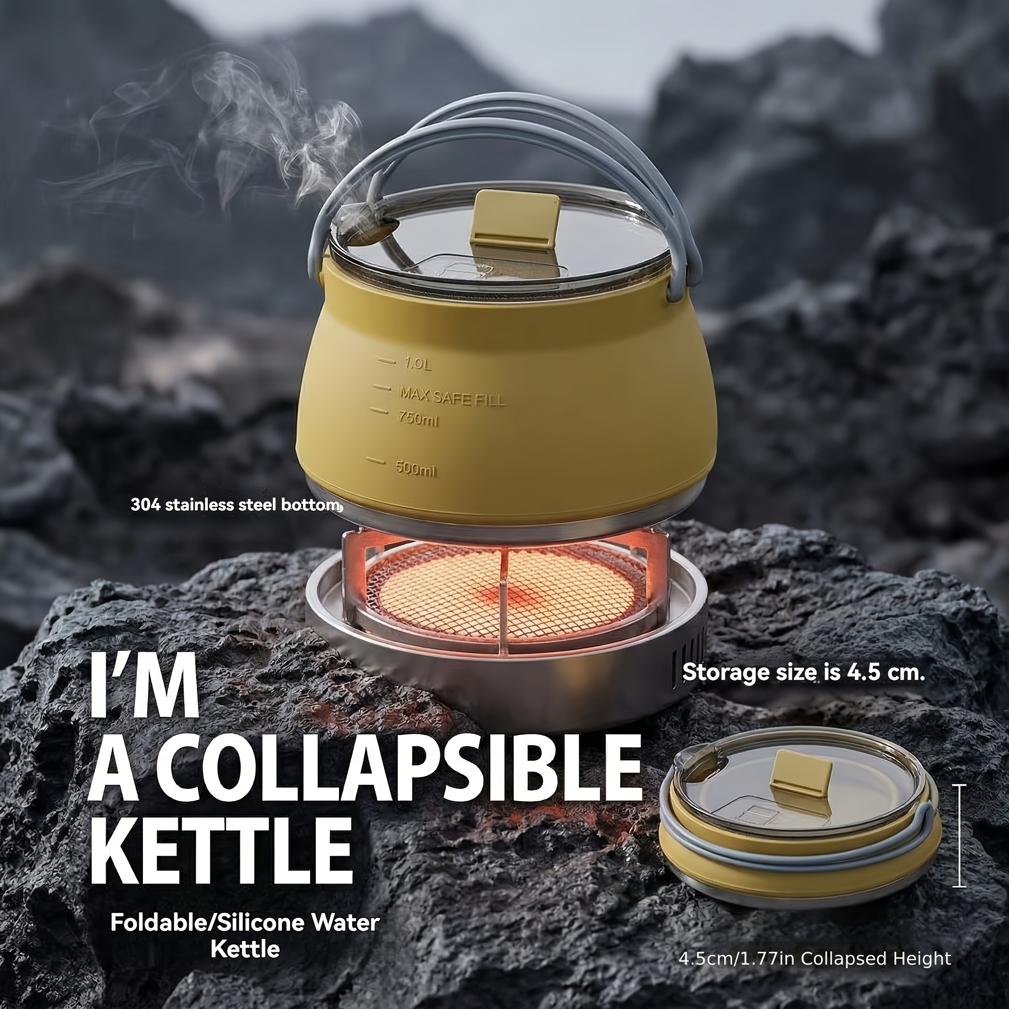 34 oz food grade silicone collapsible kettle portable lightweight water boiler heat resistant foldable camping kettle for outdoor hiking travel and self driving tour