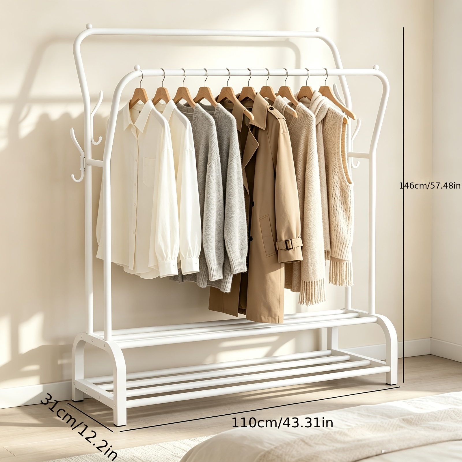 TEMU 146*110*31cm Closet Organization, Heavy Duty Iron Double Clothes Rail Storage Rack, 2 Tier Shoe Rack And 4 Hanging Hooks Free Standing Hanging