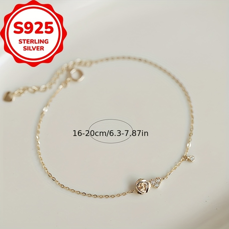 Women's S925 Sterling Silver Rose and Heart Charm Bracelet