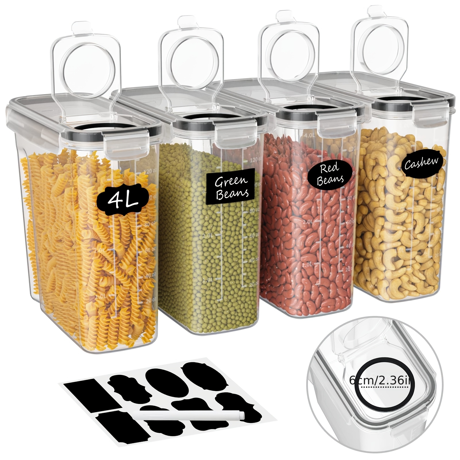 4l Kitchen Storage Box Set (4 Pack) Plastic Sealed Food Storage Containers, Suitable For Kitchen Cereal, Pasta, Flour, Etc.
