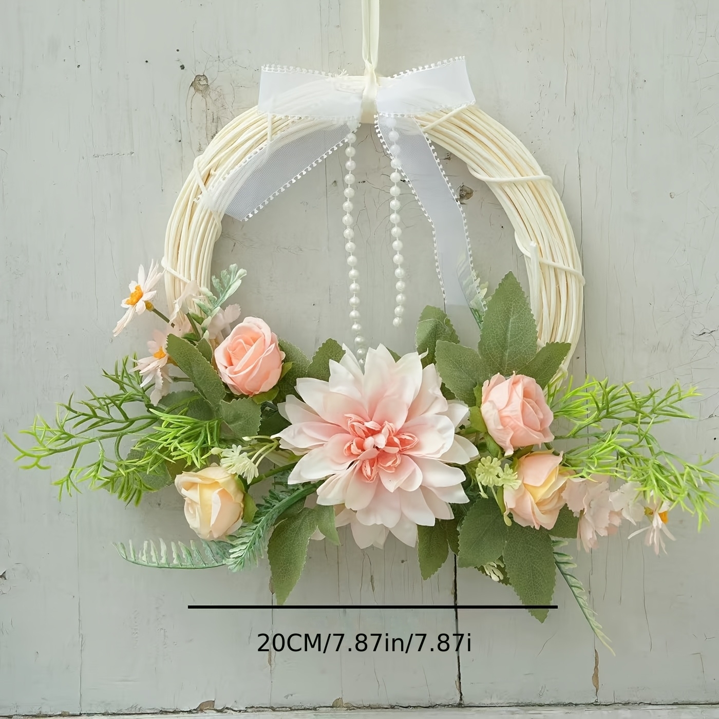 Image of 20cm Peach Floral Wreath – Artificial Flower Rattan Wreath With Lace Bow & Pearl Tassel, Boho Wall Hanging Decor For Wedding, Bridal Shower, & Door Embellishment
