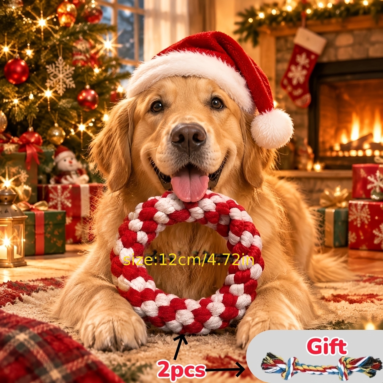 TEMU Premium Christmas Santa Claus Dog Leash Toy + Toy, Red And White Hand-woven Santa Claus Wreath Ring With Plush Christmas Head, Toss And