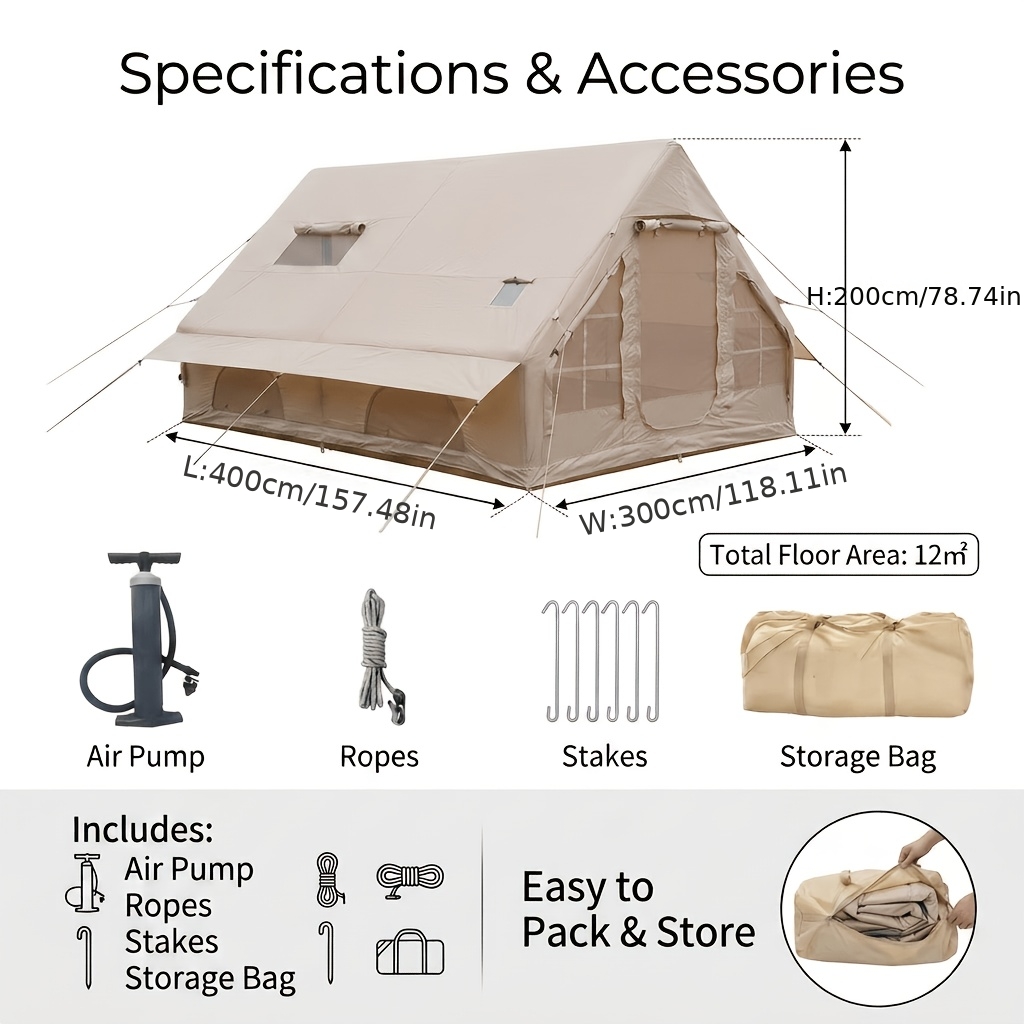 Image of 8 Person Inflatable Camping Tent, 12 Square Meters Spacious Tent With Skylight And Chimney Hole, 5-minute Easy Setup Tent For , Glamping, Luxury Camping Gear, With Carry Bag And Additions