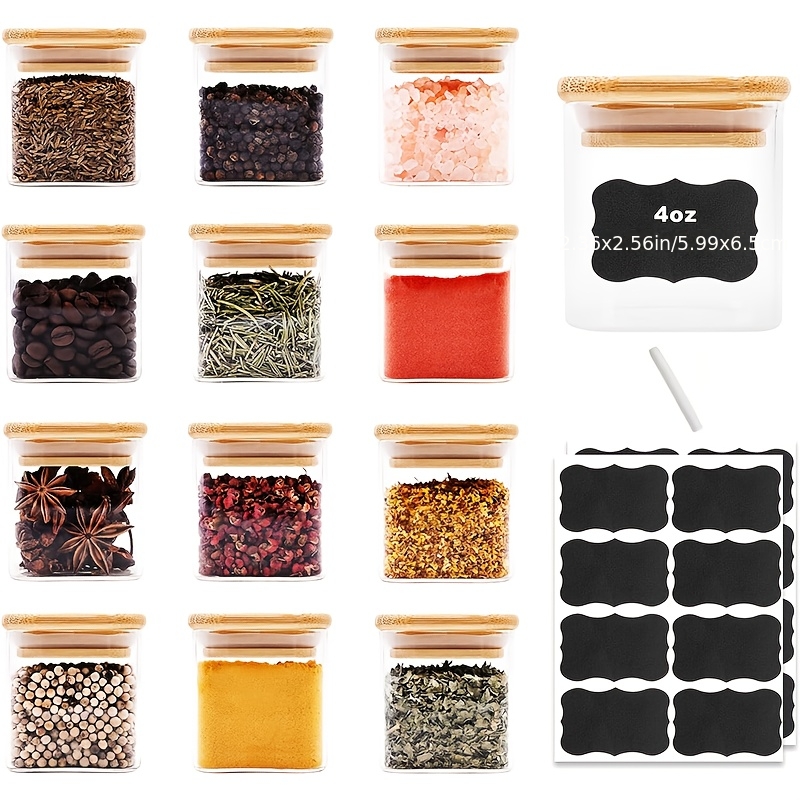 12 Gewürzgläser aus * mit Bambusdeckeln, 120 ml luftdichte quadratische Gewürzbehälter, mit 16 schwarzen Etiketten, Gewürzbehälter für Gewürze, Salz *