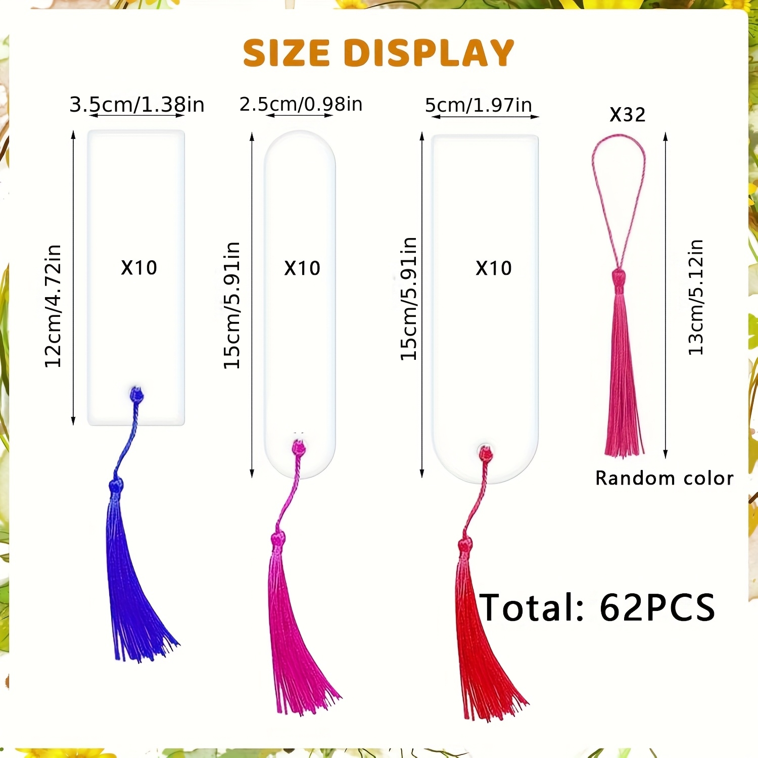 E-shop 62-teiliges transparentes 2D-Acryl-Lesezeichen-Set mit bunten Quasten für DIY kreative Lesezeichen-Geschenke für Buchdekorationszubehör