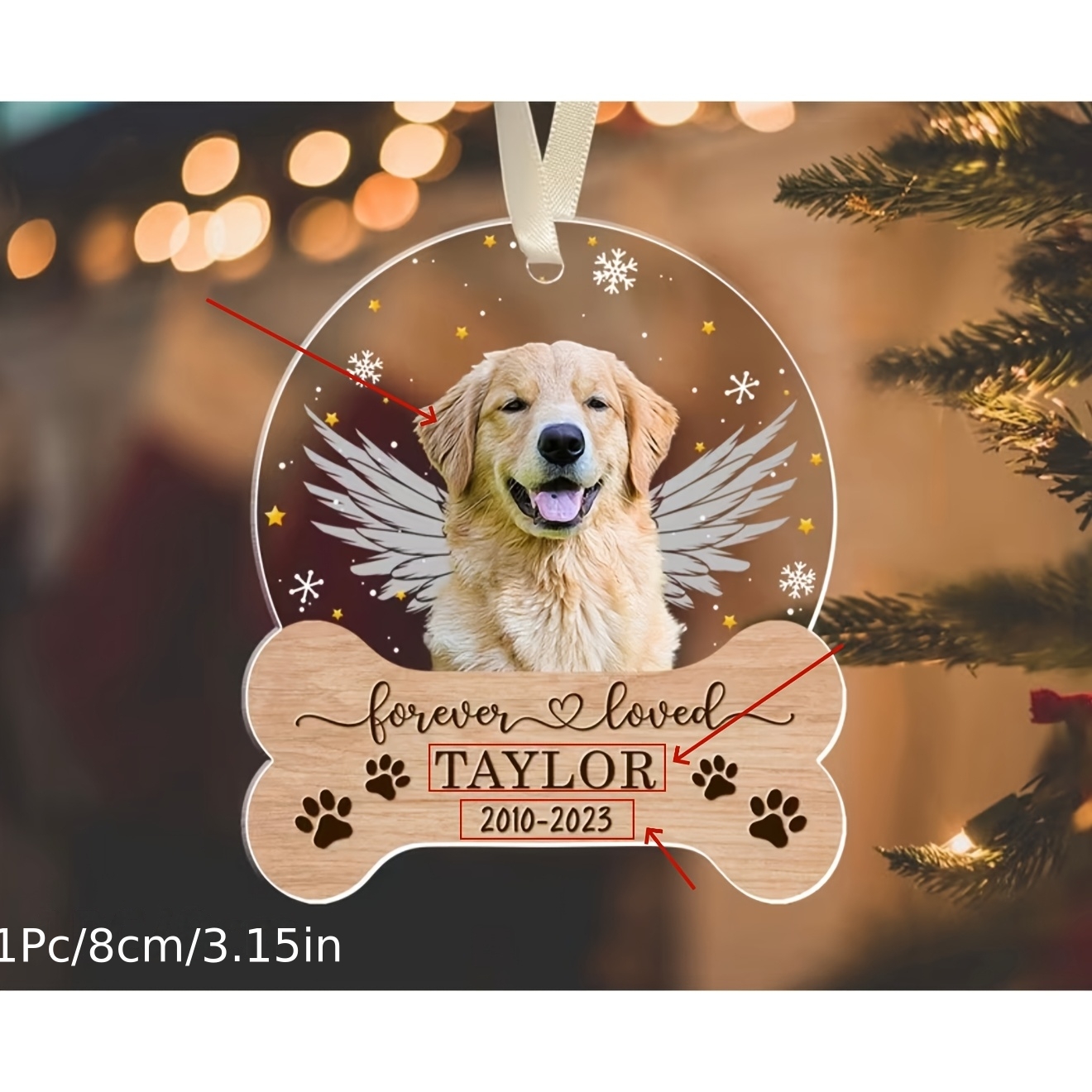 TEMU 2d Flat, Personalized Dog Memorial Acrylic Ornament Custom Pet Photo Hanging Decor With Wings & , Christmas Tree Pendant, Pet Loss Keepsake