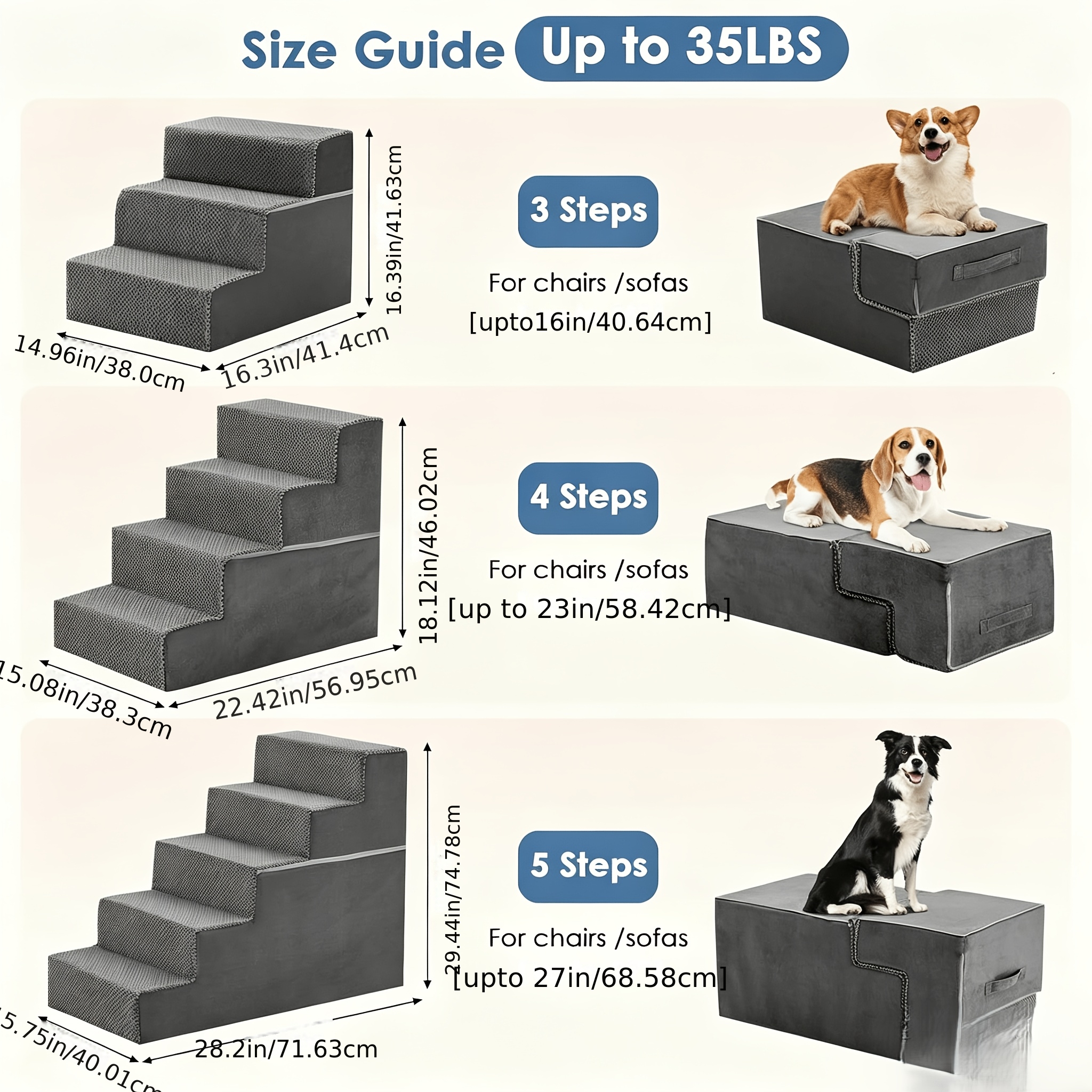 TEMU Dog Stairs For Small And Medium Dogs, Pet Steps, Standard, Grey | High-density Foam, Indoor Non-slip Pet Ramp For Puppies And Older Dogs Cats,