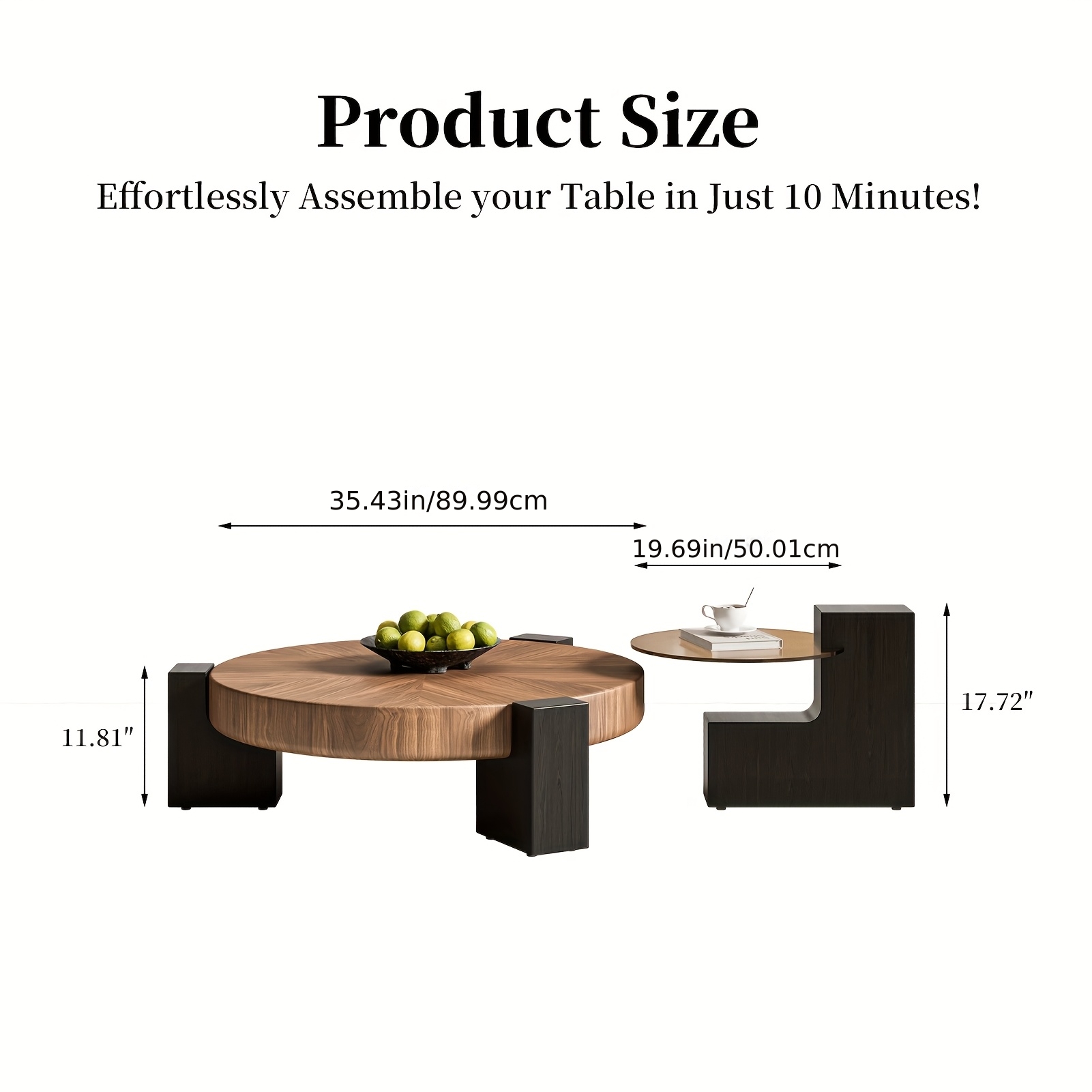 2pcs Set of Modern Round Wood Coffee Table with Geometric Leg Design