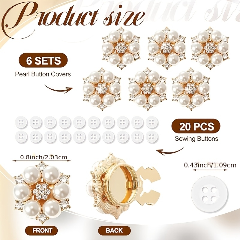 TEMU 26pcs 6 Sets Pearl Sun Button Set Decorative Rhinestone Set With 20 11mm Sewing Buttons Detachable Shirt Clip Reusable Crafts Women Men Shirt