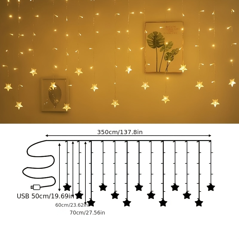 TEMU 1 pièce de rideau lumineux à LED, alimenté par USB, 96 LED, 16 guirlandes lumineuses féeriques à suspendues, 8 modes de clignotement, convient