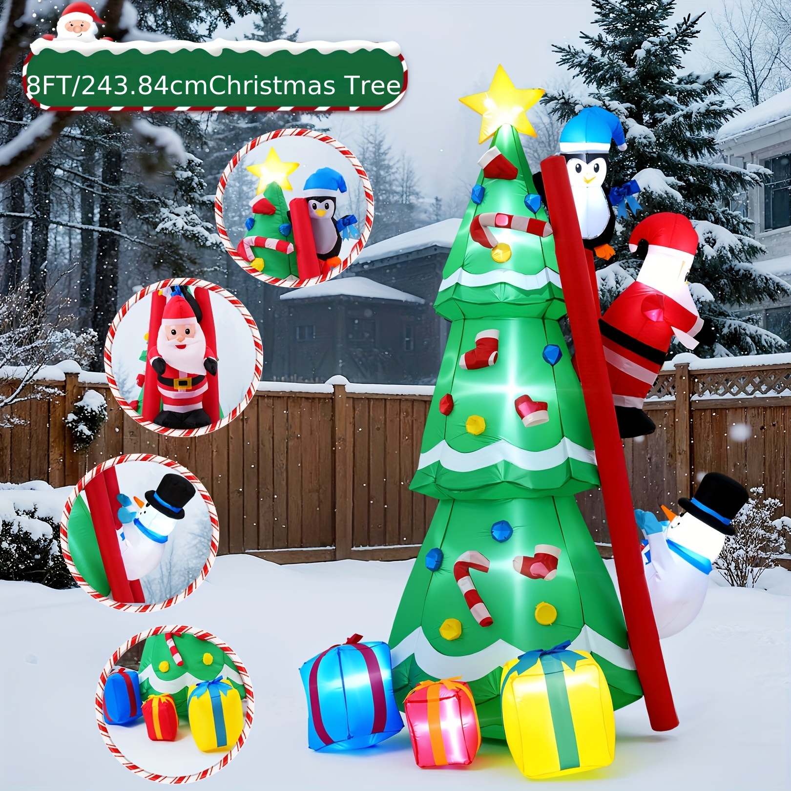 TEMU 8ft Outdoor Inflatable Christmas Tree Decoration, Featuring Santa Claus, Penguins, , And Gift Box Designs, With Led Lights And Usb Interface;