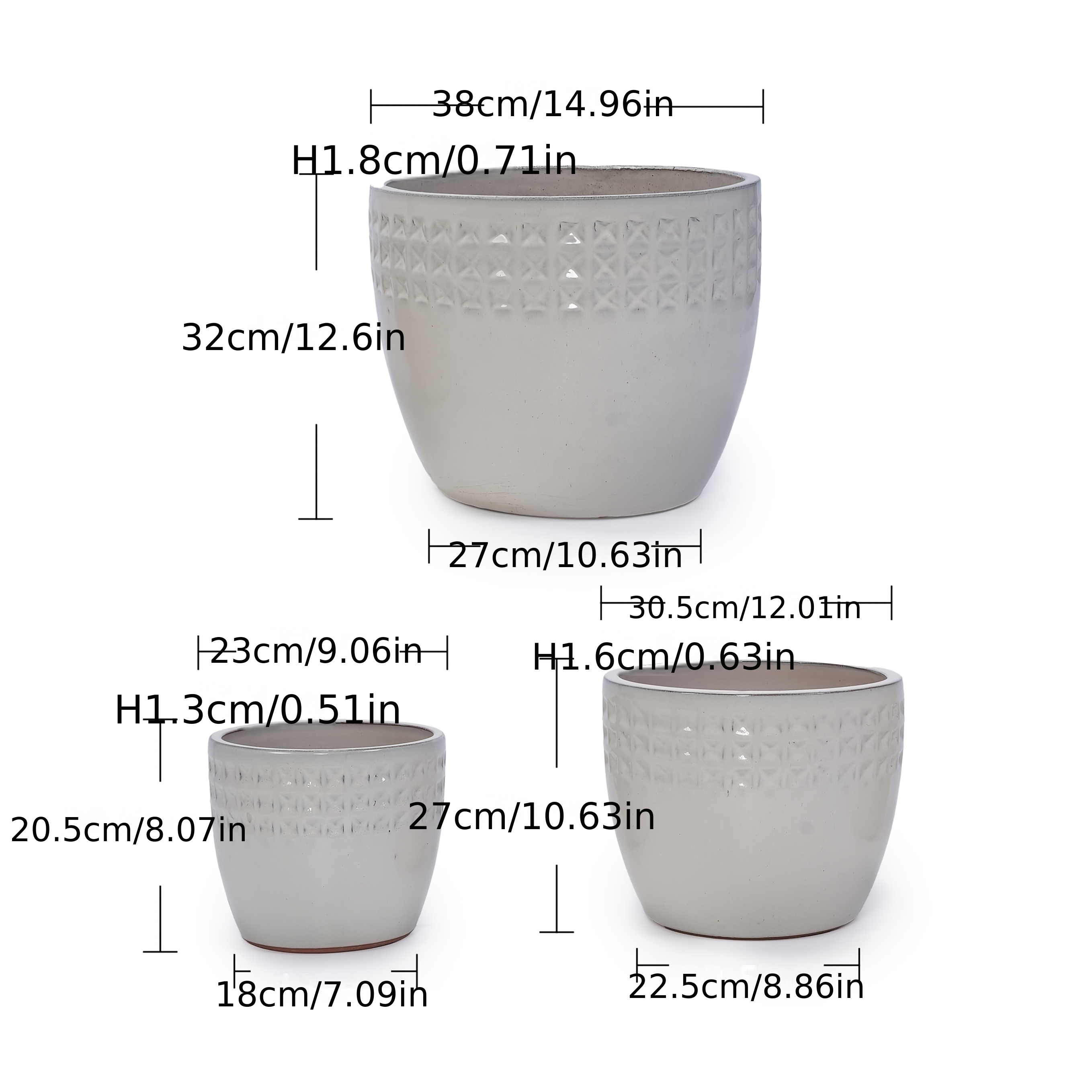 3pcs Handmade Ceramic Flower Pot Set (diameters 38.1/30.5/22.9cm Respectively), White Rhinestone Pattern, Suitable for Placement on Windowsills/bookshelves, Etc., Made of Breathable Terracotta. Gardening Gift,home Decor