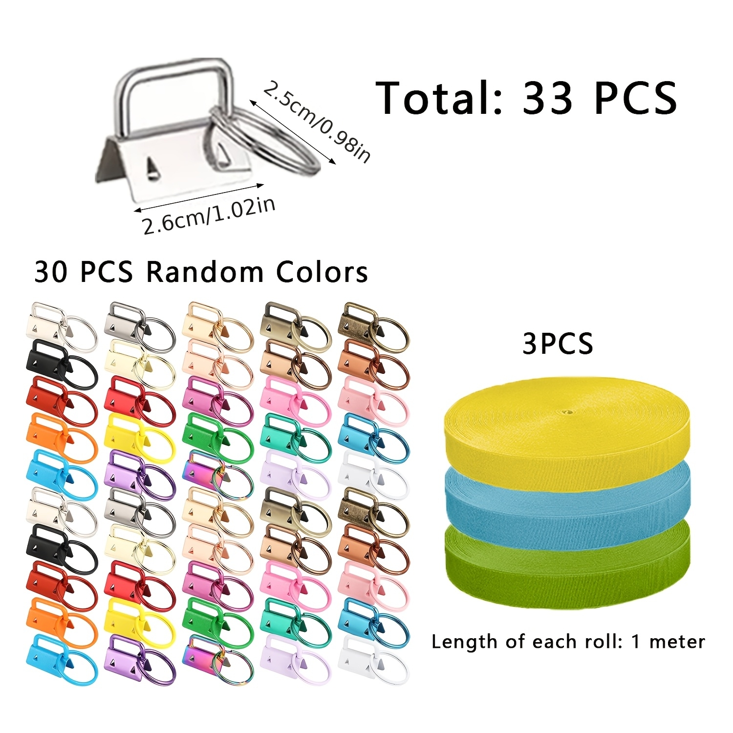 TEMU 33pcs Of Yellow, Green And Blue Ribbons. Random Color Bow Clips And Ribbon Keychain Set. Suitable For Wristbands, Diy Keychains. Keychain