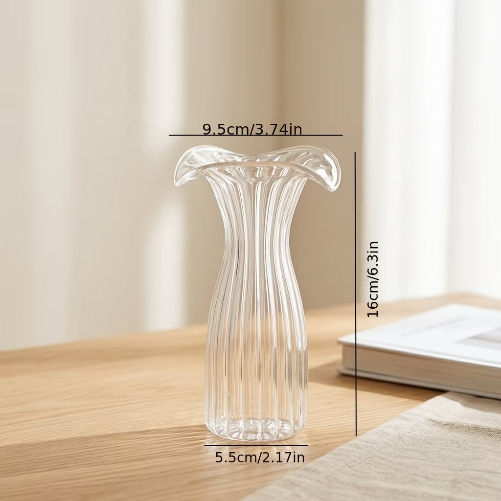 TEMU 1 Transparent Glass Vase With A Wavy Flared Rim, And Simple Hydroponic Vase For Dried And , Suitable For Home Decor, Living Room Decorative