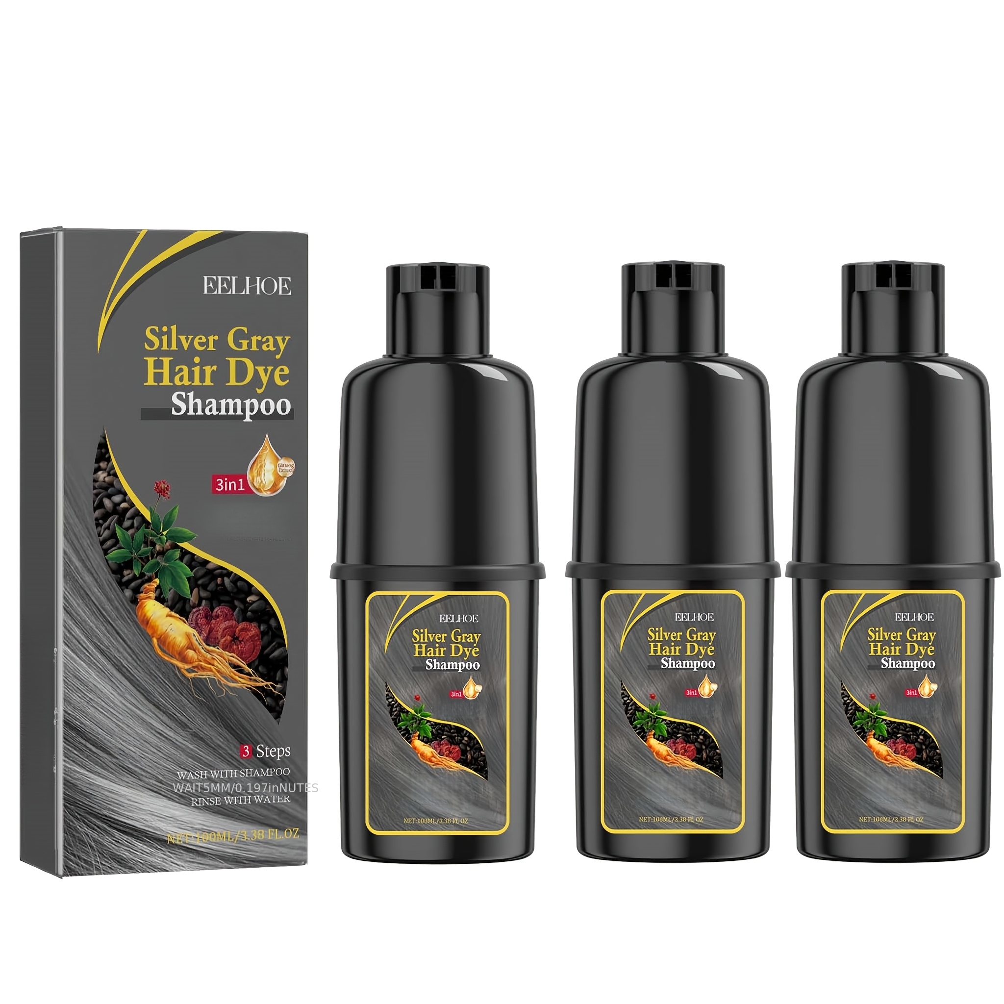 Image of 3pcs 300ml Silvery-grey Hair Dye Shampoo, Moisturizing And Hydrating, -level Hair Dyeing At Home, , Long-lasting Hair Dye, Care And Dyeing Gift