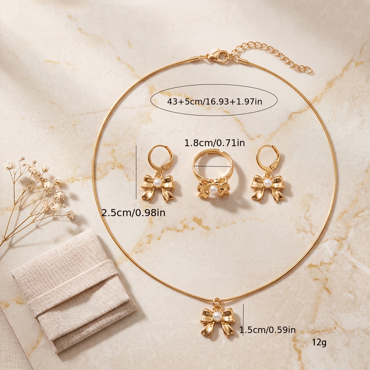 Bow-Shaped Earrings, Necklace, and Ring Jewelry Set, 3pcs