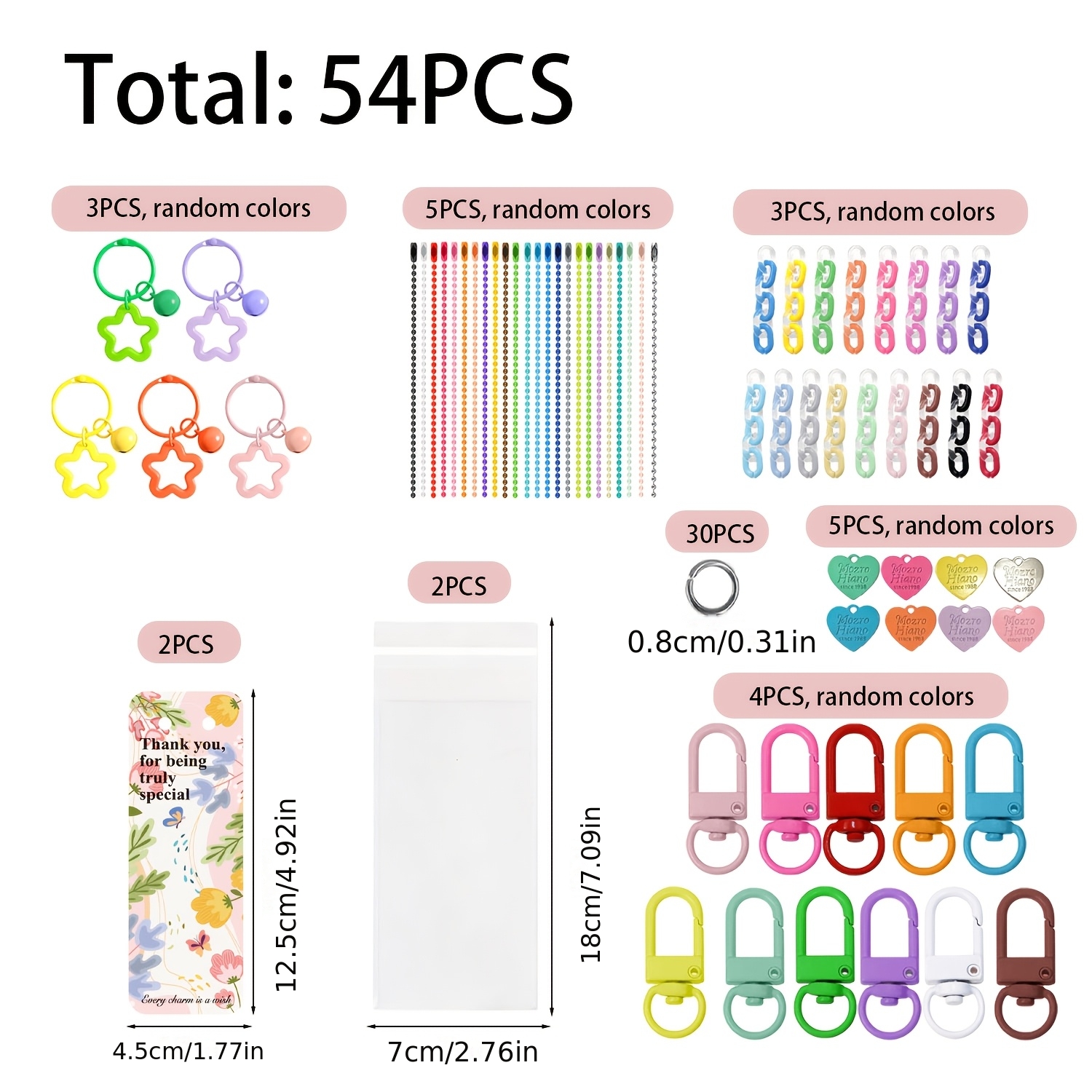 TEMU 54pcs ( Clasps, 5 Chains, 3 Link Chains, 30 Small Rings, Tags, 4 Door Clasps, 4 Cards, Bags) In Random Colors. Clasps In Random Colors, Hanging