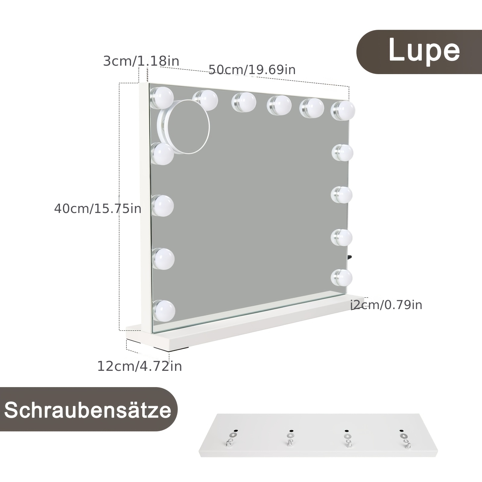 Ogledalo za ličenje z lučmi - z 14 LED lučmi, USB vmesnik, velika velikost 50x40 cm - 3 načini, dotikljivo zatemnjeno ogledalo za ličenje