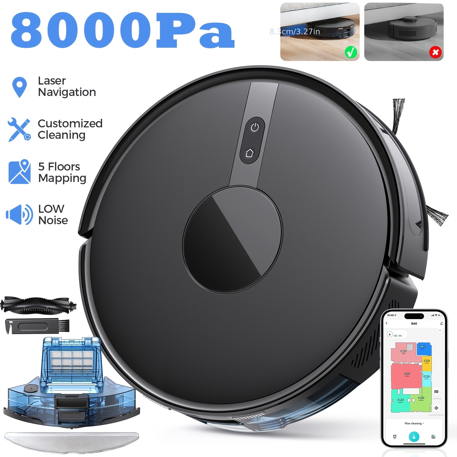 Image of Lubluelu B40 Robot Vacuum 8000pa, 3in 1 Robot Vacuum Cleaner And Mop, 62db , 3.93in Body, 5 Floors Mapping, Cleaning, Robot Vacuum Cleaner For Pet Hair, Carpet,hard Floor