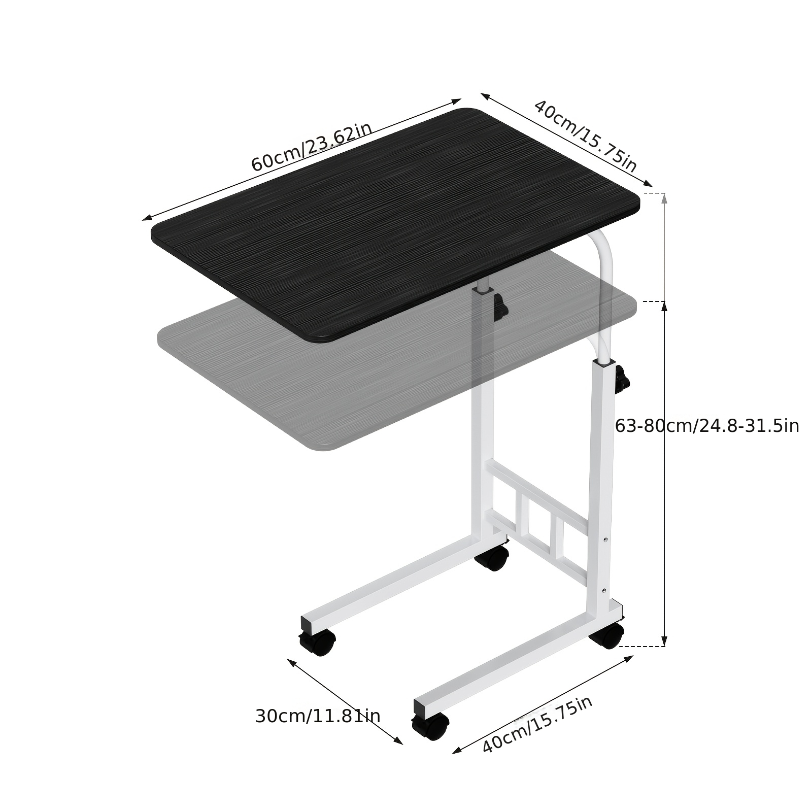 Height Adjustable Rolling Side Table With Wooden Top - 63-80cm Mobile Laptop Desk On Wheels, Portable Serving Cart For Sofa, Bedside, Entryway & Home Office, Lockable Casters