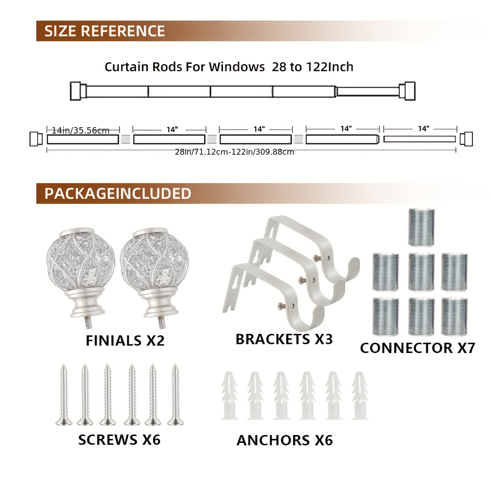 TEMU Curtain Rod, Adjustable Single Curtain Rod Suitable For Windows From 16 To 118 Inches, Decorative Spliced Curtain Rod With A Crystal Translucent